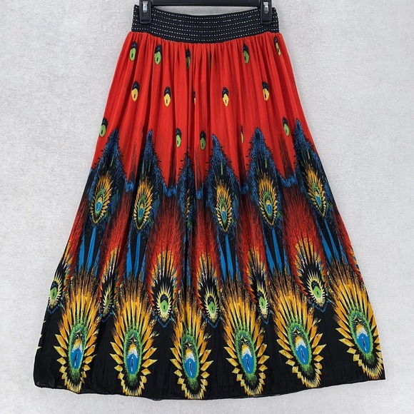Boho Maxi Skirt Womens ONE SIZE Satin Stretchy Swing A-Line‎ Beachy Peacock Red - Picture 1 of 11